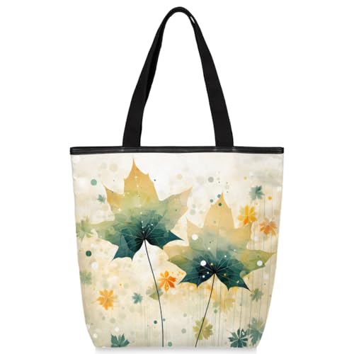 Mularoka Vintage Watercolour Leaves Canvas Tote Bag with Zipper and Pockets Canvas Tote Shopping Bag Women Reusable Grocery Bag for Beach Travel Gym Shopping