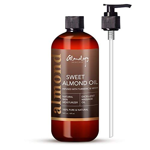 Glamology Sweet Almond Oil 100% Pure, Cold-Pressed, Organic Almond Oil Infused With Neem & Turmeric. Anti-Wrinkle Anti-Aging (1 Gallon 128 oz)