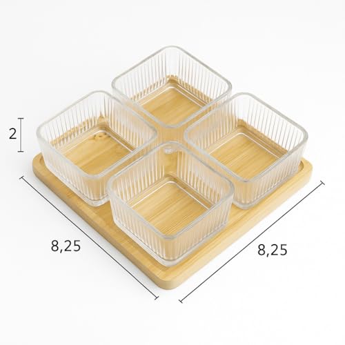 Image of 250ml Glass Serving Bowl Set of 4 with Bamboo Tray | Snack, Dry Fruit, Mukhwas & Candy Bowls for Dining Table | Transparent Glass Katori Set