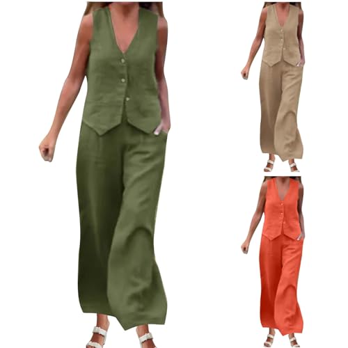 HGps8w Women's Summer Cotton Linen 2 Piece Outfits Sleeveless Button V Neck Suit Vest with Wide Leg Pants Business Work Sets2