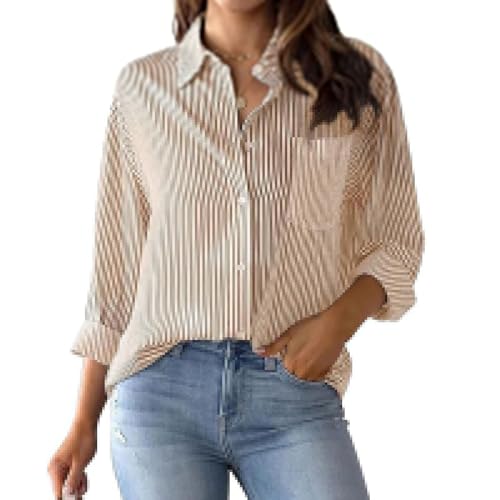 Womens Button Down Shirts Striped Classic Long Sleeve Collared Wrinkle-Resistant Blouses Tops with Pocket Office Work Khaki