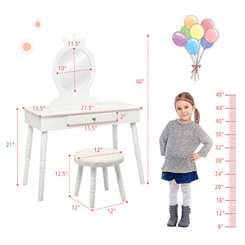 Costzon Kids Vanity Set, Wooden Princess Makeup Table With Cushioned Stool, Large Drawer, Solid Wooden Legs And Crown Mirror, Pretend Beauty Make Up Dressing Play Set For Girls Best Gift (White) #TOP6