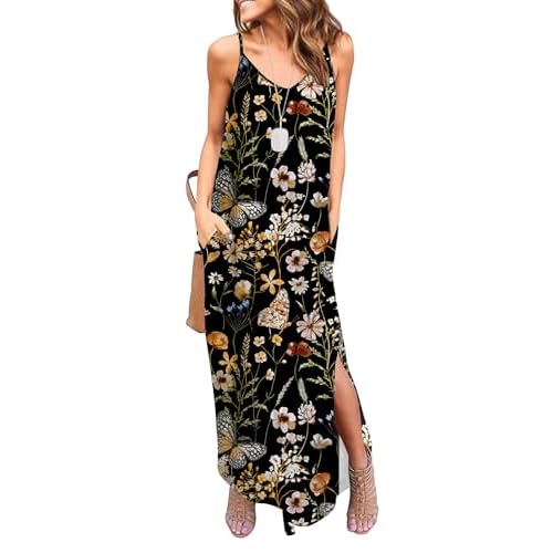 HUSKARY Women's Summer Casual Sleeveless V Neck Strappy Split Loose Dress Beach Cover Up Long Cami Maxi Dresses with Pocket XX-Large Mixed Print