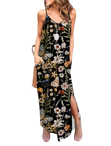 Image of HUSKARY Women's Summer Casual Sleeveless V Neck Strappy Split Loose Dress Beach Cover Up Long Cami Maxi Dresses with Pocket
