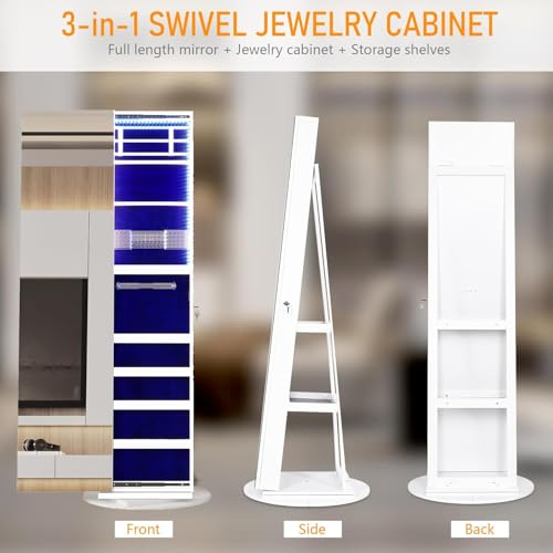 Image of LVSOMT 360 Swivel Jewelry Mirror Cabinet with Lights, Standing Jewelry Armoire Organizer, 63 inch Rotatable Full-Length Mirror with Jewelry Storage, Lockable with Back Storage Shelve, White