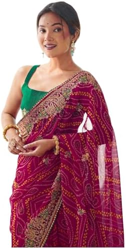 SIRIL Women's Georgette Bandhani Saree With Unstitched Blouse