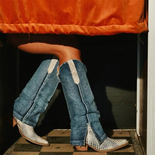 Betastella Womens Denim Knee High Cowboy Boots Snakeskin Cowgirl Boots Fold Over Chunky Heel Snip Toe Western Boot3