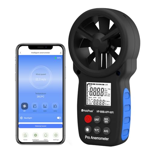 Professional WiFi Anemometer, Smart Wind Speed Meter Gauge with APP, 0.3-40m/s Range, Measures Wind Temp, Max/Min/Avg, Backlight, Ft/min, Knots, Km/h, Mph, (866B-APP-WIFI)