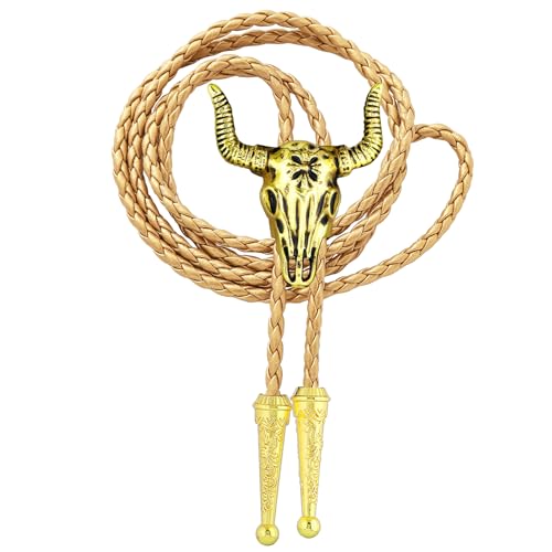 Image of GelConnie Longhorn Bull Bolo Tie for Men Native American Western Cowboy Leather Necktie Bolo Necklace for Women Gold Texas
