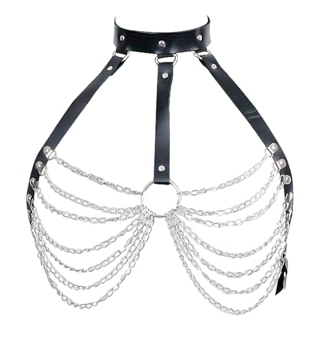 Chain Bra Leather Harness for Women Fashion Punk Layered Chest Chain, Goth Black Body Waist Chain Top Rave Nightclub Belly Bra Jewelry Accessor for Halloween Carnival