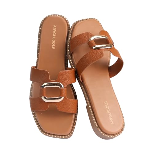 Image of Women's Flat Sandals with Metal Chain Studs-Summer 2025 Comfortable Casual Dressy Slides(Brown,8)