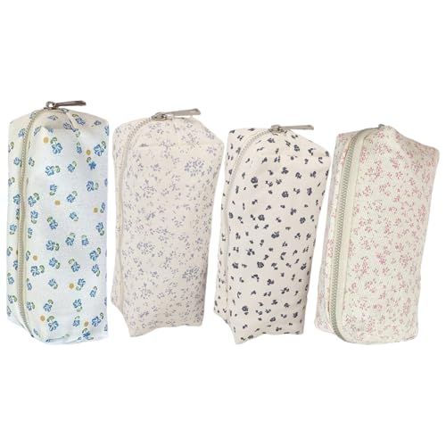 4点花柄ペンシルケース、女の子用鉛筆バッグ、フラワーメイクブラシポーチ、コスメオーガナイザー、小さなかわいい収納バッグ、文房具オーガナイザー、女の子、女性用。