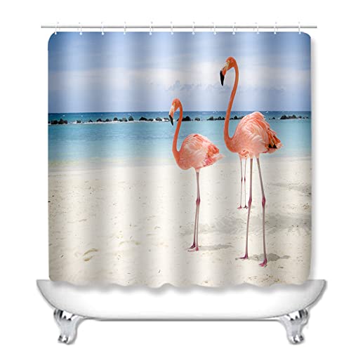 Duschvorhang Flamingo Blue Beach Badezimmerteppich 4-Teiliges Set, Duschvorhang 180x180 Polyester+Badematte rutschfeste… – Bild 3