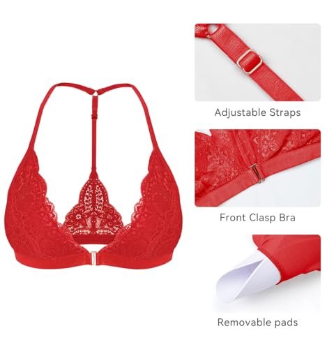 Image of SHEKINI Women's Embroidered Triangle Bra Front Closure Plunge Wireless Lightly Lined Lace Bralette Top