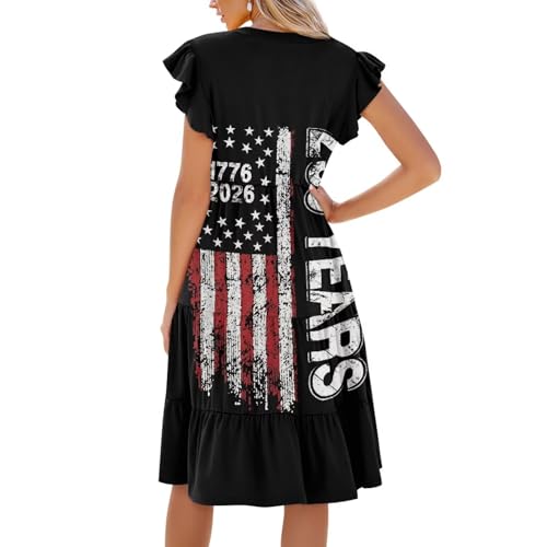 Image of Women's Casual Ruffle Sleeve Dress V Neck Pullover Dress Flowy A-Line Pleated Lightweight Dress with Pockets