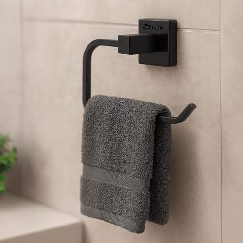 Image of JIALTO Premium Matte Black Finish Towel Ring - Wall Mounted, Rust-Free, Stainless Steel Towel Holder for Bathroom & Kitchen (Matte Black, Pack of 2)