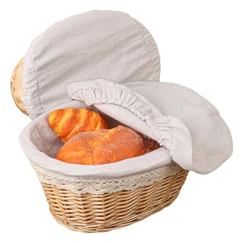 Geytetqi 2 Pack 12 Inch Oval Wicker Bread Basket, Elegant Woven Wicker Bread Baskets for Serving, Sourdough Proofing Basket with Removable Liner and Cover