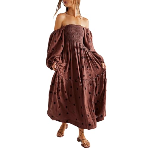 Chloefairy Fashion Women's 3D Floral Embroidered Maxi Dress Puff Sleeve Square Neck Tiered Flowy A-line Dress