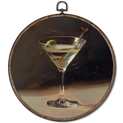 GWFSJYU Martini Glass Framed Wall Art Decor, Retro Cocktail Aesthetic Round Canvas Prints Wall Art, Trendy Martini Hanging Decor for Kitchen Bar Cart Dining Room, 10”x10”inch