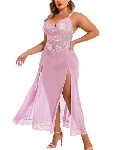 Image of Avidlove Plus Size Lingerie for Curvy Women Long Lace Babydoll Nightdress | V neck sheer mesh nightgown,g-string included,high side slits,adjustable straps,curve-flattering fit,maternity photoshoot