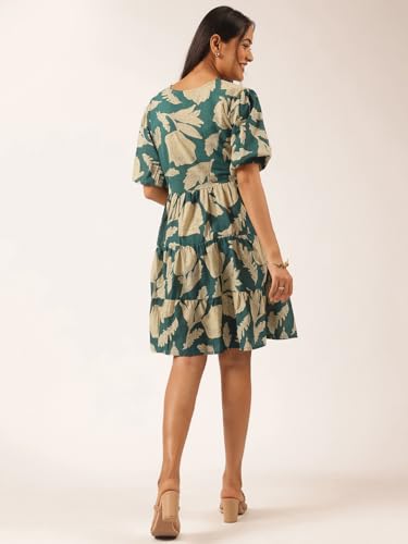 Image of Vbuyz Women's Floral Print Flared Cotton Beige Stitched Dress