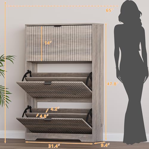 Image of BORNOON Entryway Shoe Cabinet with 3 Flip Drawers, Narrow Shoe Organizer Cabinet with Fluted Panel and Adjustable Shelves for Foyer, Hallway