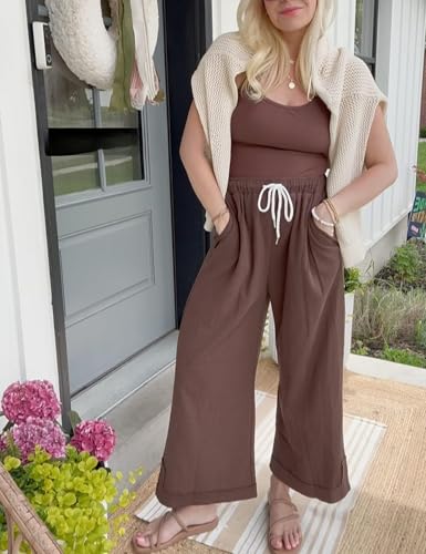 Image of Athlisan Womens Baggy Wide Leg Palazzo Pants Casual Loose Drawstring Elastic Waisted Lounge Trousers with Pockets