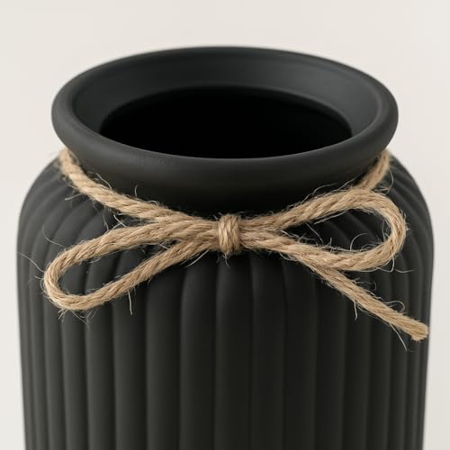 Image of Plastic Ribbed Decorative Vase with Jute Rope Top | Ceramic Look, Unbreakable Flower Pot for Centre Table, Balcony & Living Room Decor | Only Vase (No Flower) (Black)