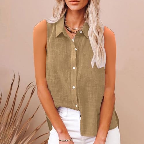 Camisas de algodón y lino para mujer sin mangas caqui XXL 2