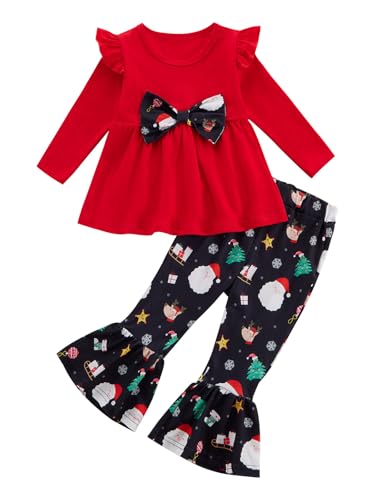 ESHOO Toddler Baby Girl Christmas Outfit Ruffle Long Sleeve Bow Tops Print Flared Pants Fall Bell-Bottom Clothes Set