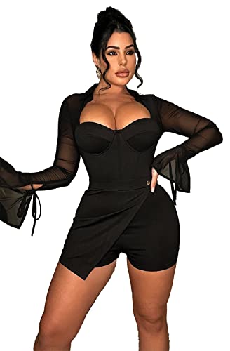 One Piece Outfits For Women Sexy Clubwear Mesh Sleeve Patchwork Irregular Hem Shorts Rompers Sets Tracksuit Black #TOP29