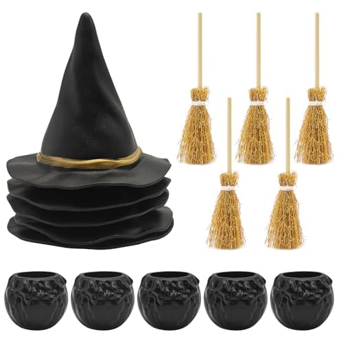 dididudi 15 Pcs Halloween Mini Witch Hats and Mini Broom Cauldron and Black Witch Bucket Small Witches Hat Decoration Set DIY Crafts Cocktail Accessories Table Decoration for Festival Halloween Party