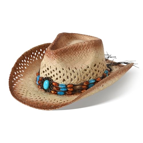Image of Cowboy Hats for Women & Men Straw Cowboy Hat Wide Brim Western Cowgirl Hats Summer Sun Hat