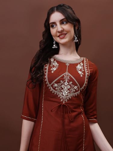 Image of EthnicJunction Women's Chinon Embroidered Straight Front Slit Kurta Palazzo & Organza Dupatta Set | Wedding | Heavy | Outfit | Suit