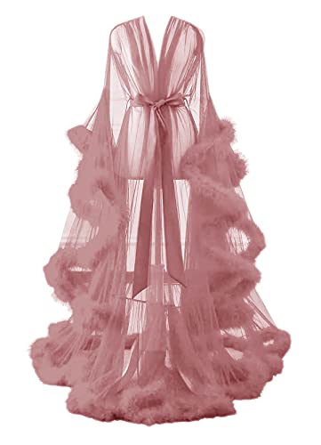 Women's Feather Bridal Robe Fur Wedding Scarf Long Lingerie Robe Nightgown Bathrobe Sleepwear Dusty Rose L/XL