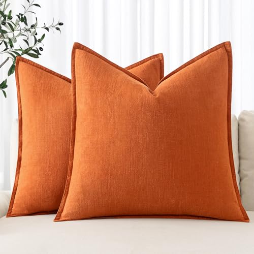 Image of MIULEE Decorative Linen Pillow Covers 18x18 Inch Orange ​Boho Farmhouse​ ​Neutral Couch Throw Pillows for Bed Pack of 2 Accent Modern Pillowcase Summer Sofa Livingroom Home Decor