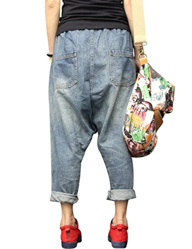 Women's Elastic Waist Harem Pants Drop Crotch Ripped Jeans Style 53