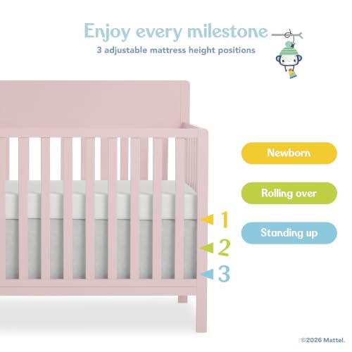 Image of Fisher-Price Meadowbrook 4-in-1 Convertible Full Size Baby Crib, Wooden Nursery Furniture, Converts to Toddler Bed with Guardrail, Daybed & Full-Size Bed, Greenguard Gold & BSA Certified, Pink