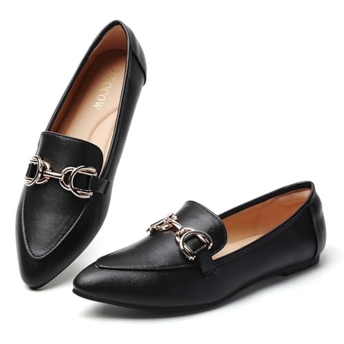 Image of Tilocow Metal Chain Loafers Flats for Women Pointed Toe Slip on Flats Dressy Casual Comfortable Work Business Shoes