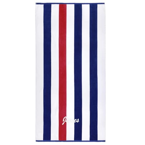 Kaufman - Personalized Oversized, 35" X 70", Velour Super Soft, Stripe Beach and Pool Towel, Easy Care, Extra Large, 100% USA Cotton, Embroidered Name (Nav-Red)
