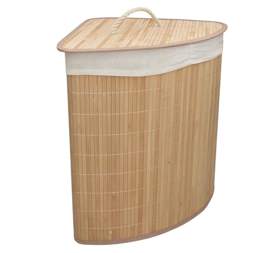 Acomoda Textil – Cesta de Bambú Plegable con Tapa y Asas para Lavandería de Gran Capacidad. Cesto Grande Organizador para la Ropa con Bolsa Extraíble y Lavable Color Madera. (50x35x35 cm)
