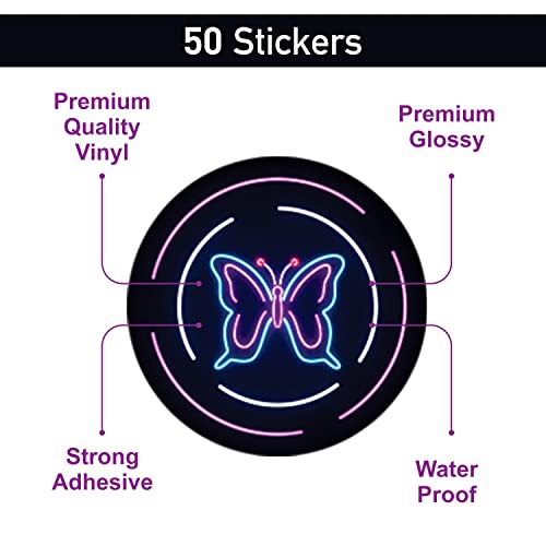 Image of FlyBuyHub Neon Vinyl Journal Stickers for Phone Case, Laptop, Notebook, Dairy, Water Bottle, School Bag - Self-Adhesive Set of 50 Glossy and Waterproof (Neon)