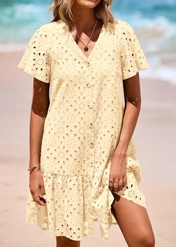 Image of KIRUNDO Eyelet Dresses for Women Button Down Mini Babydoll | 2026 Summer Short Sleeve Boho Sundress, Loose Fit V Neck Short Dress With Pockets, A Line, Cruise Beach Vacation Outfits