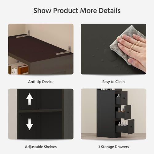LAUSAINT HOME Tall Narrow Storage Cabinet, Anti-Tipping Floor Cabinet with 2 Adjustable Shelves & 3-Level Drawers for Small Space, Home, Bathroom, Kitchen, Laundry (Black) — view 6