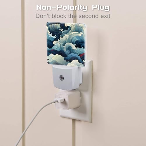 Image of Blue White Ocean Waves Night Light Plug into Wall,Cartoon Sea Waves Dusk to Dawn Night Light Plug in,0.5w Energy Saving Sleep Friendly NightLight for Kids Boys Girls Home Decor