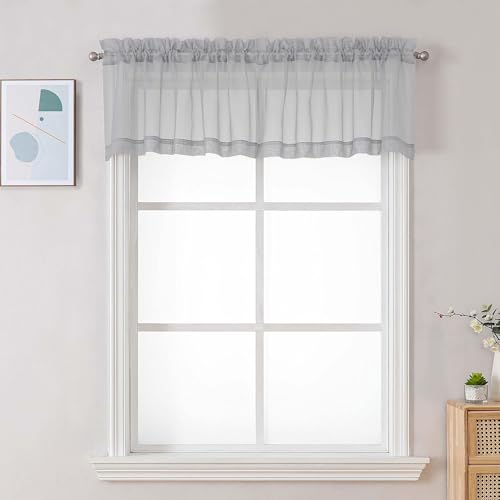 Image of Chyhomenyc Light Grey Sheer Valances for Windows - Light Filtering Small Kitchen Curtains, Rod Pocket Short Top Window Treatment Decor for Living Room Bathroom Basement, 42Wx16L inches, 2 Panels
