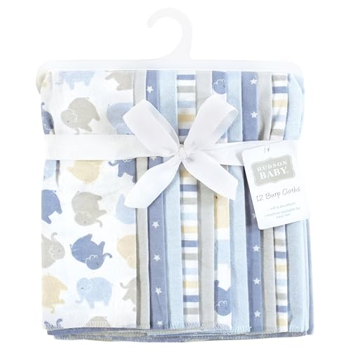 Image of Hudson Baby Unisex Baby Cotton Flannel Burp Cloths 12-Pack Bundle, Multi Color Boy Elephant, One Size