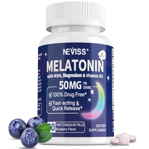 NEVISS Melatonin 50 mg for Adults - Extra Strength 9-in-1 Fast Dissolve Sublingual - High Dose with Magnesium Glycinate Vitamin D3 Ashwagandha Lemon Balm Chamomile Sugar Free Vegan 60 Tablets
