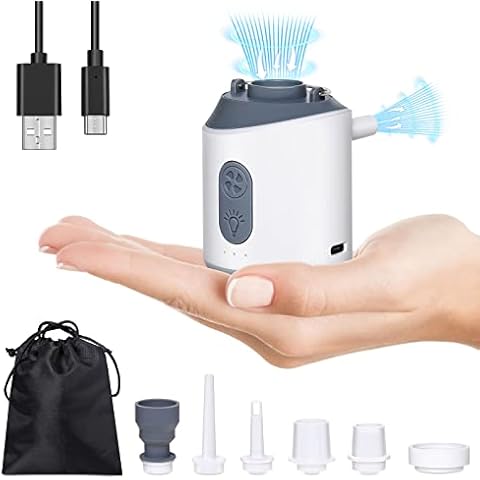 Hozzen Tiny Portable Air Pump - Mini Air Pump with 6 Nozzles, Electric Air Pump with LED Light, 1600mAh Type-C Rechargeable Inflate/Deflate for Swimming Ring, Air Beds, Floats, Vacuum Bags Cover