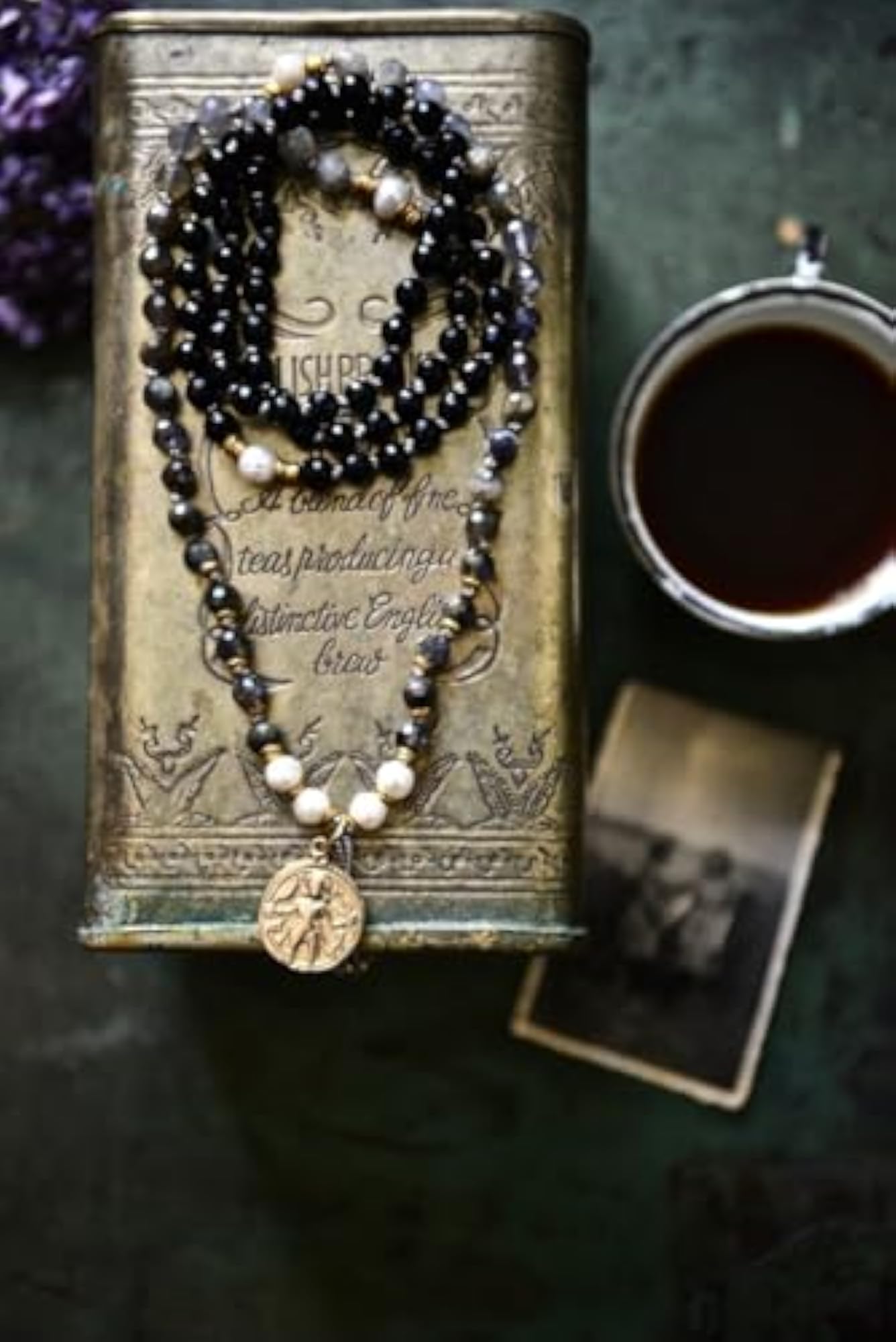 Natural Iolite & Freshwater Pearl Beaded Handmade Prayer Mala Necklace